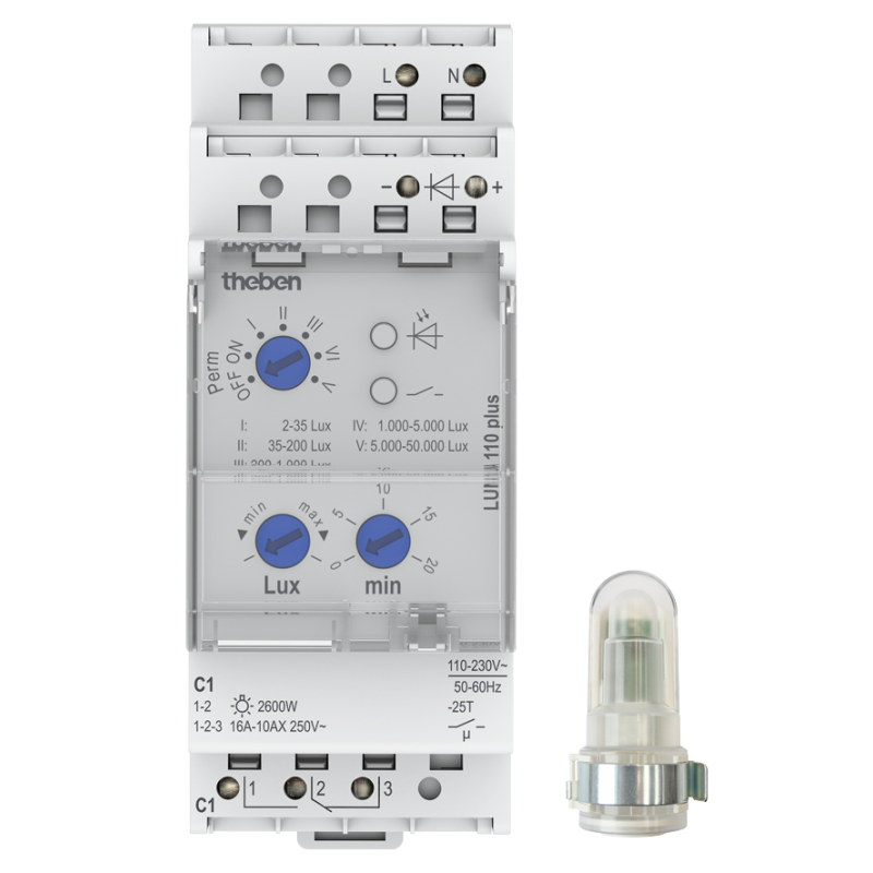 Hämaralüliti LUNA110 DIN latile(2M) pinnapealse välisanduriga 2-50000Lux THEBEN