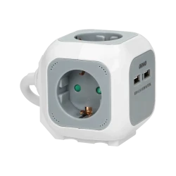 Pikendusjuhe kuubik 4-ne + 2x USB A 2,1A valge/hall 1,4m 3x1,5mm2