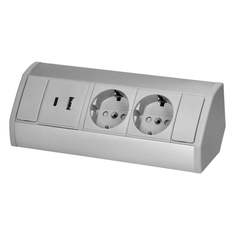 Nurga pistikupesa hõbedane 2x schuko + USB A + USB C kaabel 0,6m