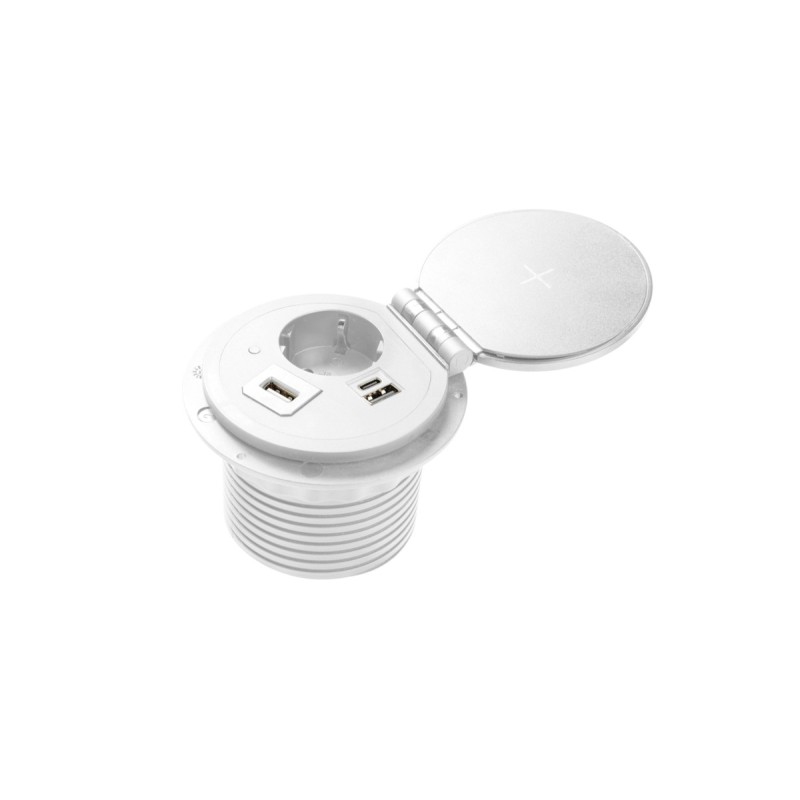 Süvistatav lauapesa VALGE 230V pesa + USB-A + USB-C juhtmevaba laadija