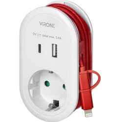 Harupesa 1x schuko + USB A + USB C + kaabel (C+lightning) valge VIRONE