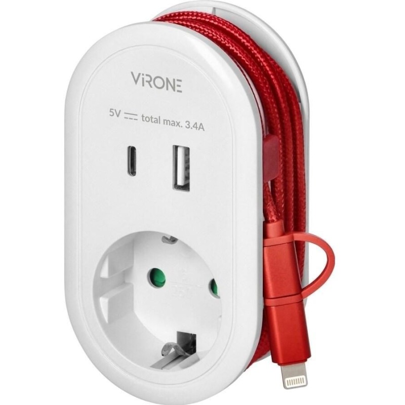 Harupesa 1x schuko + USB A + USB C + kaabel (C+lightning) valge VIRONE